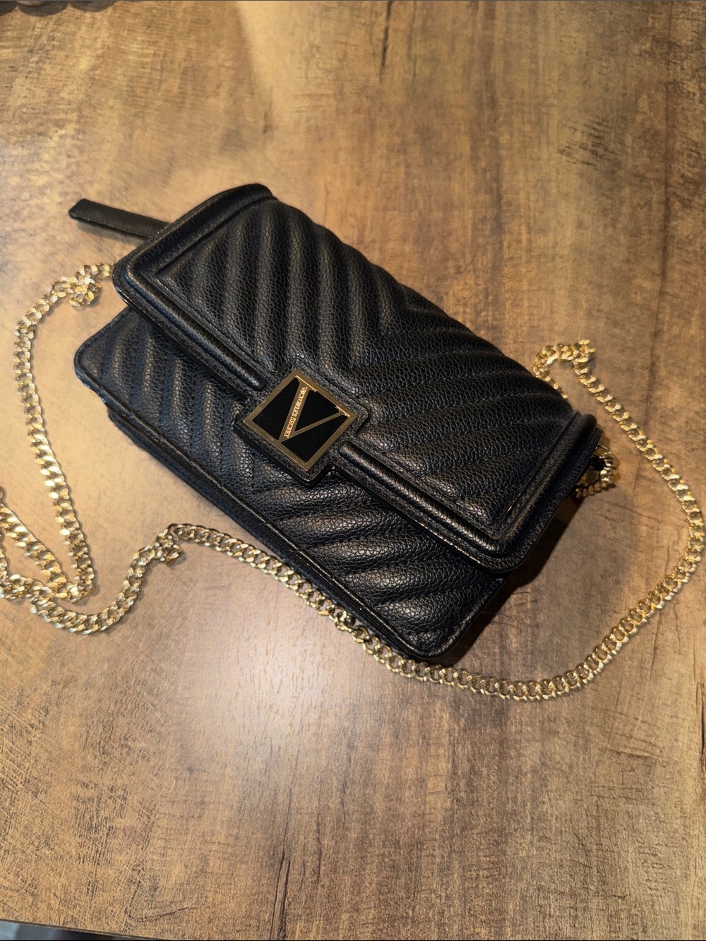 Victoria's Secret Black Quilted Crossbody with Gold Chain